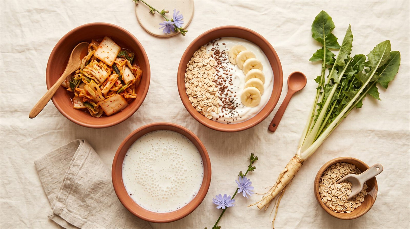 Probiotische Lebensmittel – Joghurt, Kefir, Sauerkraut und Kimchi als Flatlay