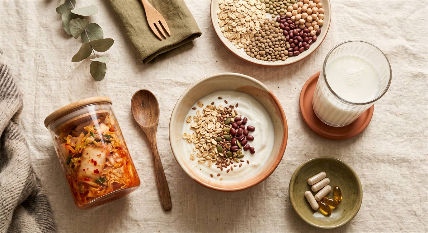 Fermentierte Lebensmittel, Joghurt und ballaststoffreiche Kost zum Wiederaufbau der Darmflora nach Antibiotika