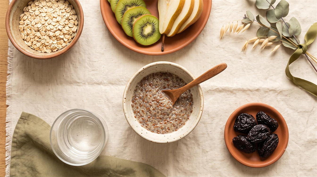 Ballaststoffreiche Lebensmittel gegen Verstopfung – Flatlay mit Trockenpflaumen, Leinsamen und Obst
