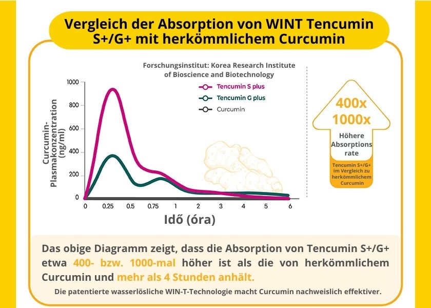 Vergleich der Absorption von WINT Tencumin S+/G+ mit herkömmlichem Curcumin